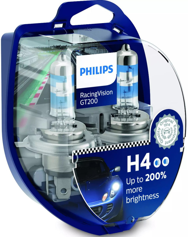 Blister pakke med H4 GT200 Philips RacingVision +200% mere lys i 2 stk. 
