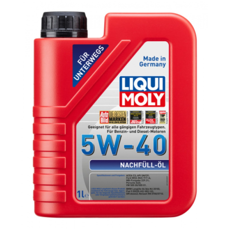 5w40 Efterfyldnings olie , 1 liter fra Liqui Moly - Olien kan blandes med ALLE andre motorolier uden problemer!!