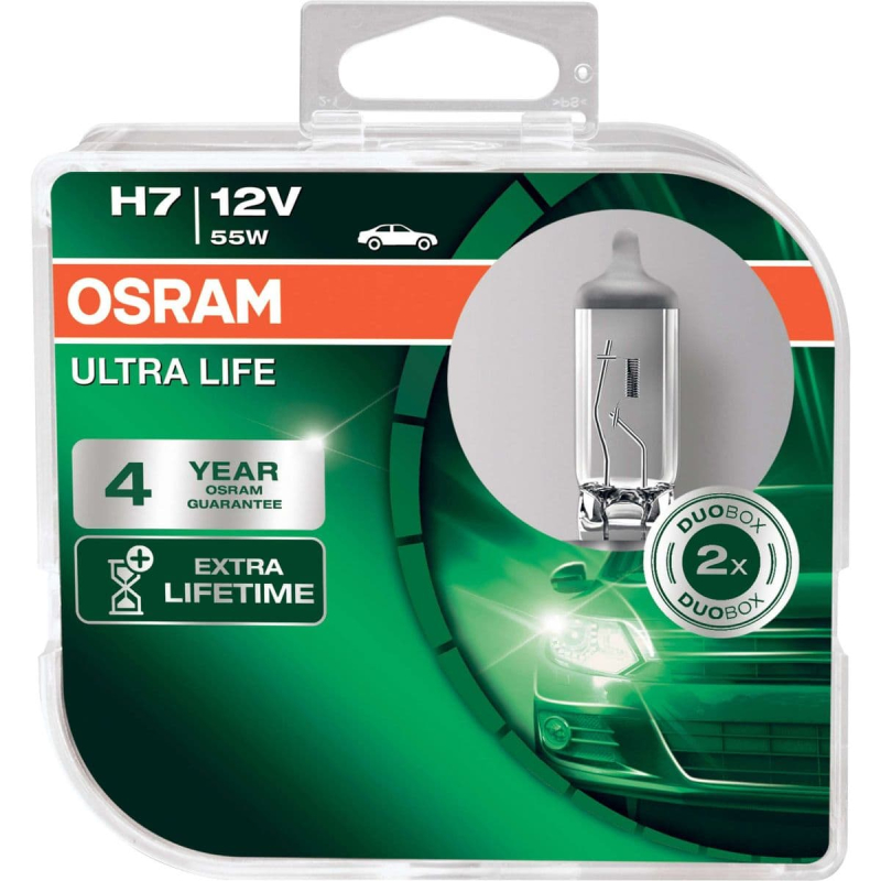 Billede af Osram H7 Ultra life pærer (2 stk. pak) 4 års Osram Garanti hos Viskerbladet.dk