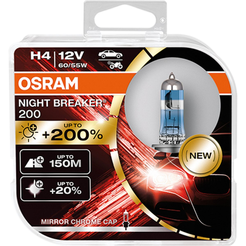 Billede af Osram Night Breaker ® 200, H4 pærer +200% mere lys (2 stk) pakke hos Viskerbladet.dk
