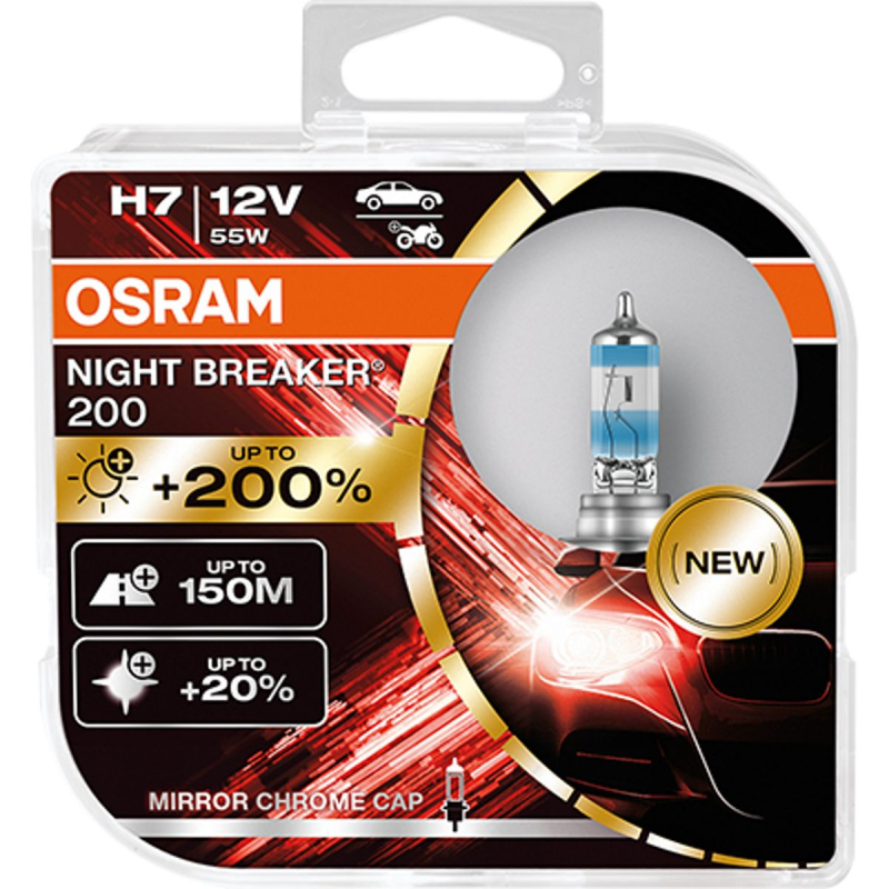 Billede af Osram Night Breaker ® 200, H7 pærer +200% mere lys (2 stk) pakke hos Viskerbladet.dk