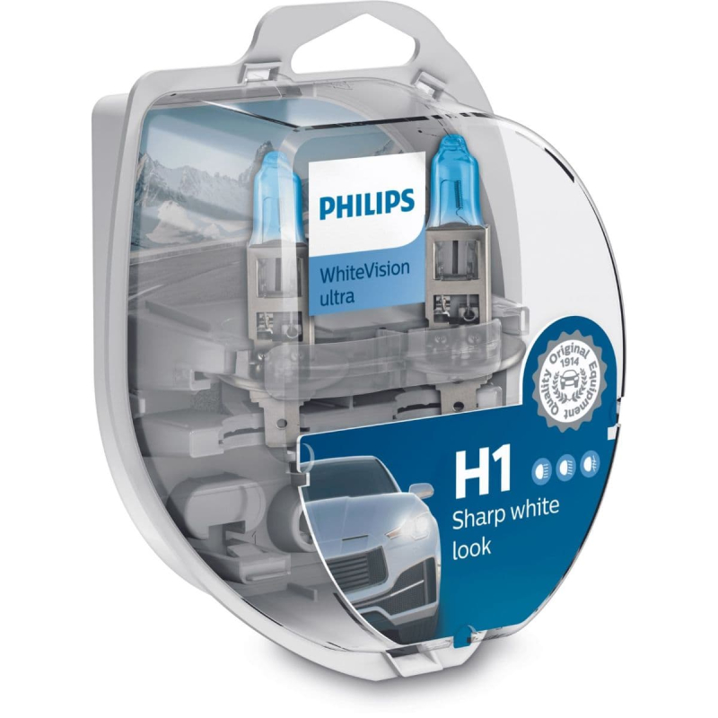 Philips H1 Whitevision Ultra Pærer Med Xenon Effekt & +60% Mere Lys 2 Stk + (2 Stk. W5w)