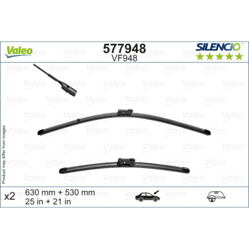 VF948 / 577948 Valeo Silencio Viskerblade sæt, 630 + 530mm lange viskere med 16mm push-lock montering, passer til Skoda Kodiaq fra årg. 2017 og frem