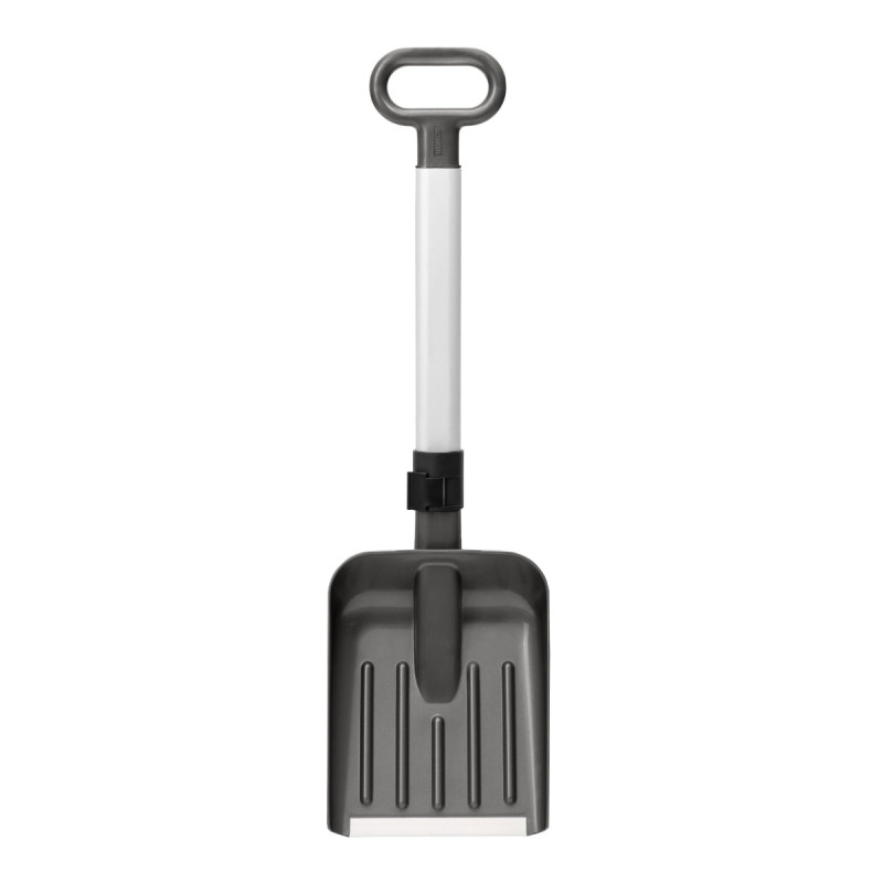 Grå sneskovl med teleskopskaft i alu - længde 77-101cm lang. kvalitets produkt fra finske Kungs