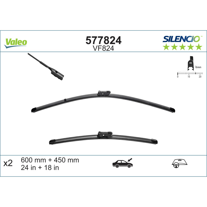 577824 / VF824 Valeo Silencio Viskerblade / Fladblades sæt, 600 & 400mm lange