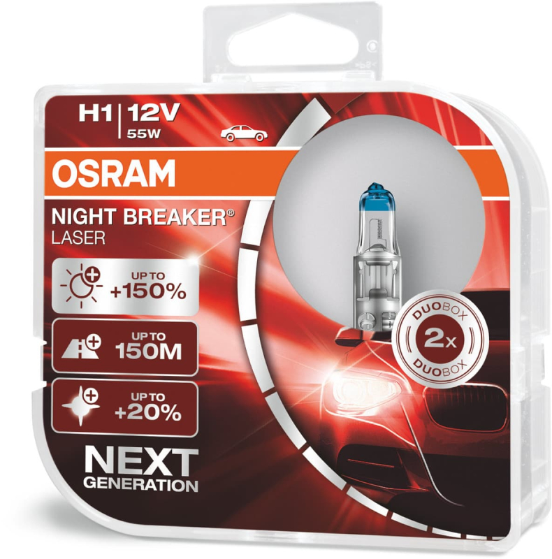 6: Osram Night Breaker Laser H1 pærer med +150% mere lys (2 stk) pakke